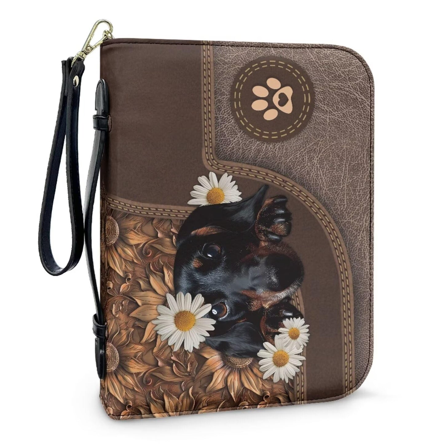 Lotusorchid Cute Dachshund Print Bible Book Cover Daisy Sunflower Print Bible Covers for Women, Study Bible Book Cover Portable Bible Case for Men, Leather Bible Protective Case for Christian Gift