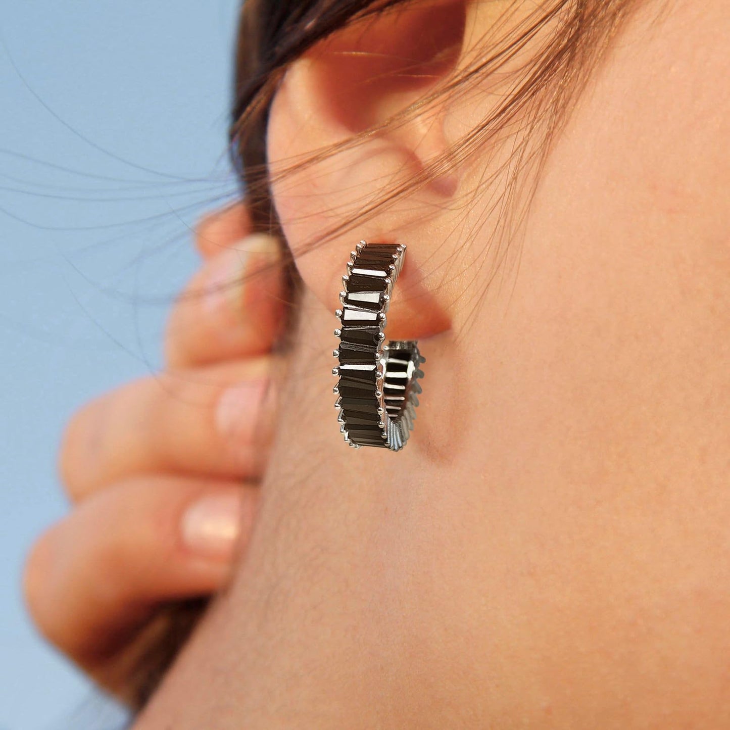 GLOQUAT Black Hoop Earrings White Gold Plated Hoop Earrings 925 Sterling Silver Post Vintage Baguette Cubic Zirconia Earring Fashion Round Circle Rhinestone Hoops for Women 25mm