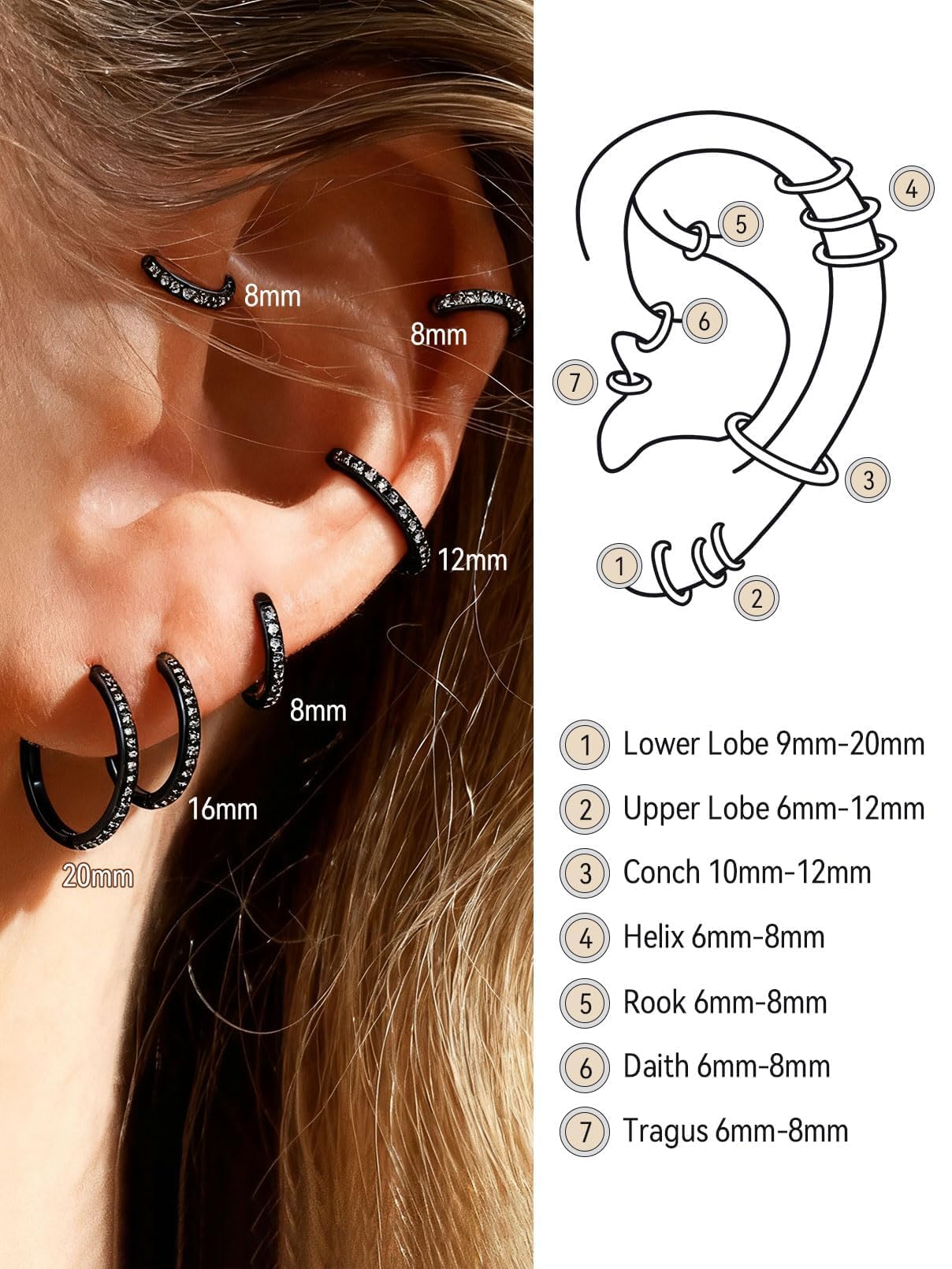 FaithHeart Cubic Zirconia Hoop Earrings for Women, Black Hypoallergenic Huggie Hoop Earrings, Small Cartilage Earrings for Women 16mm, Send Gift Box