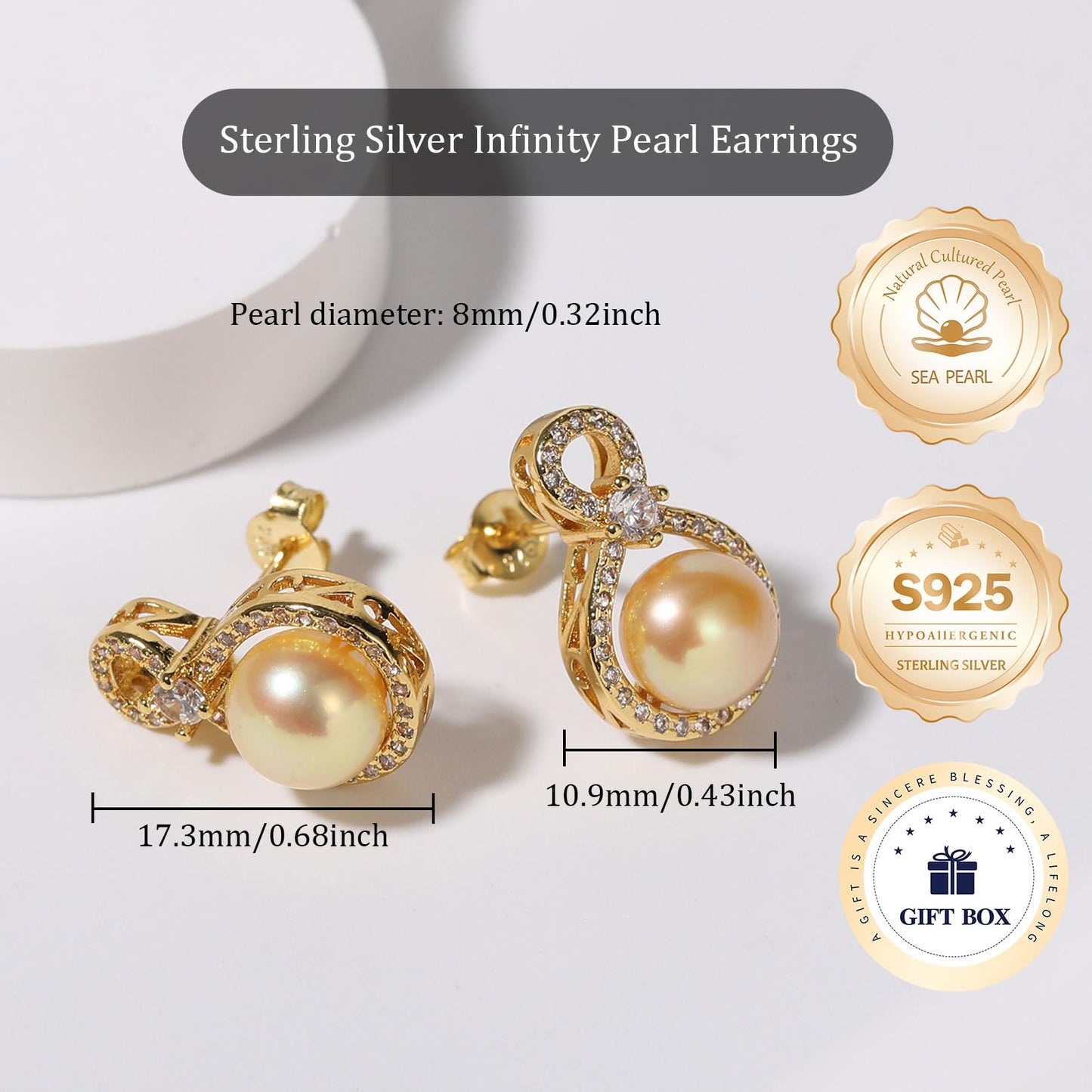BAMIKI Golden Pearl Earrings for Women, S925 Sterling Silver 14K Gold Plated Infinity Stud Earrings, 8-8.5mm Round Saltwater Cultured Pearls, Hypoallergenicity Jewelry Gifts for Mother Wife Bridal