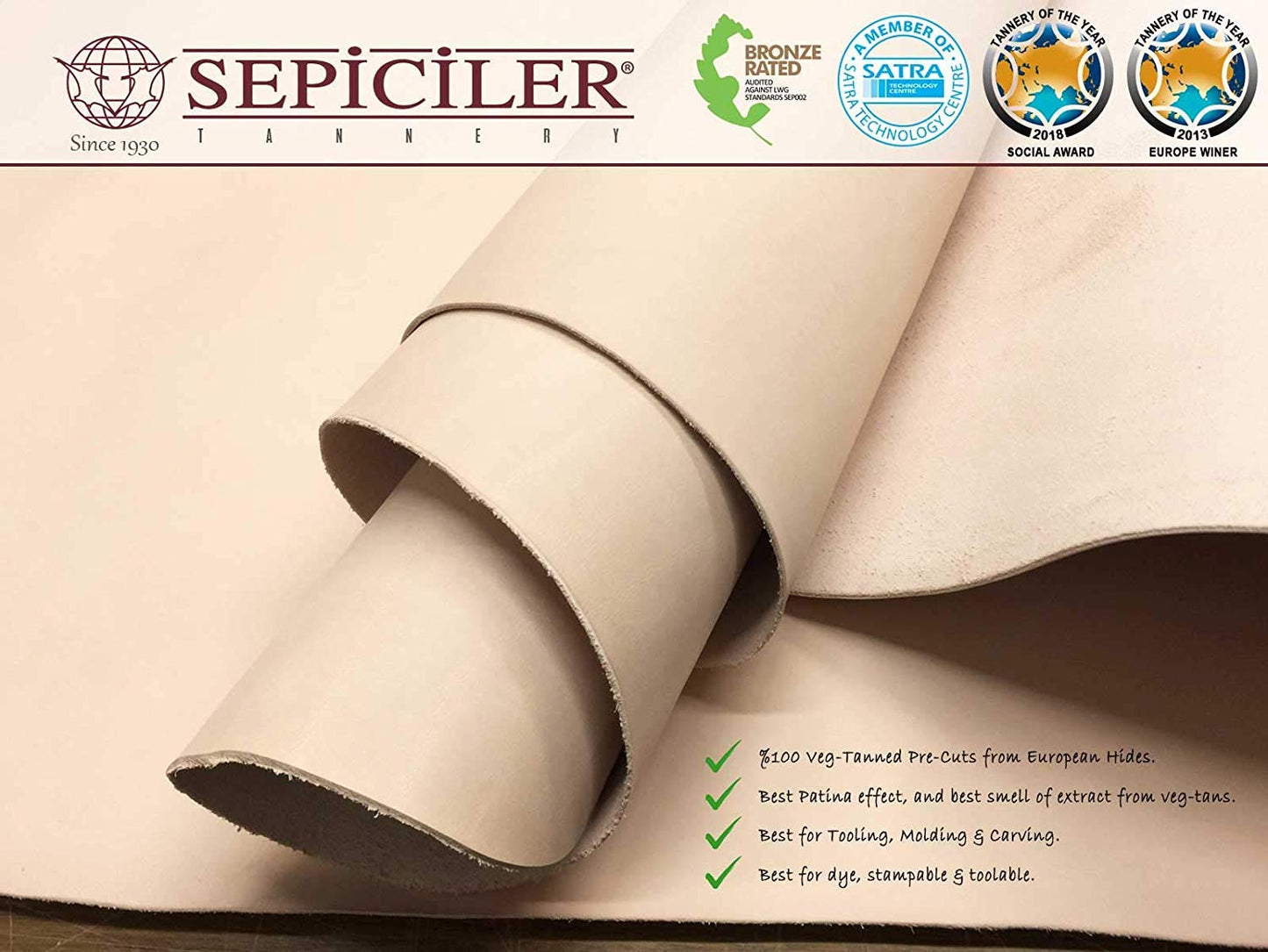 Sepici Premium Import Tooling Leather 8-9 oz Pre-Cut – Full Grain Veg Tan Cowhide for Carving, Stamping, Wet Molding & Leather Crafts, Vegetable Tanned, 2.5-4 SQFT