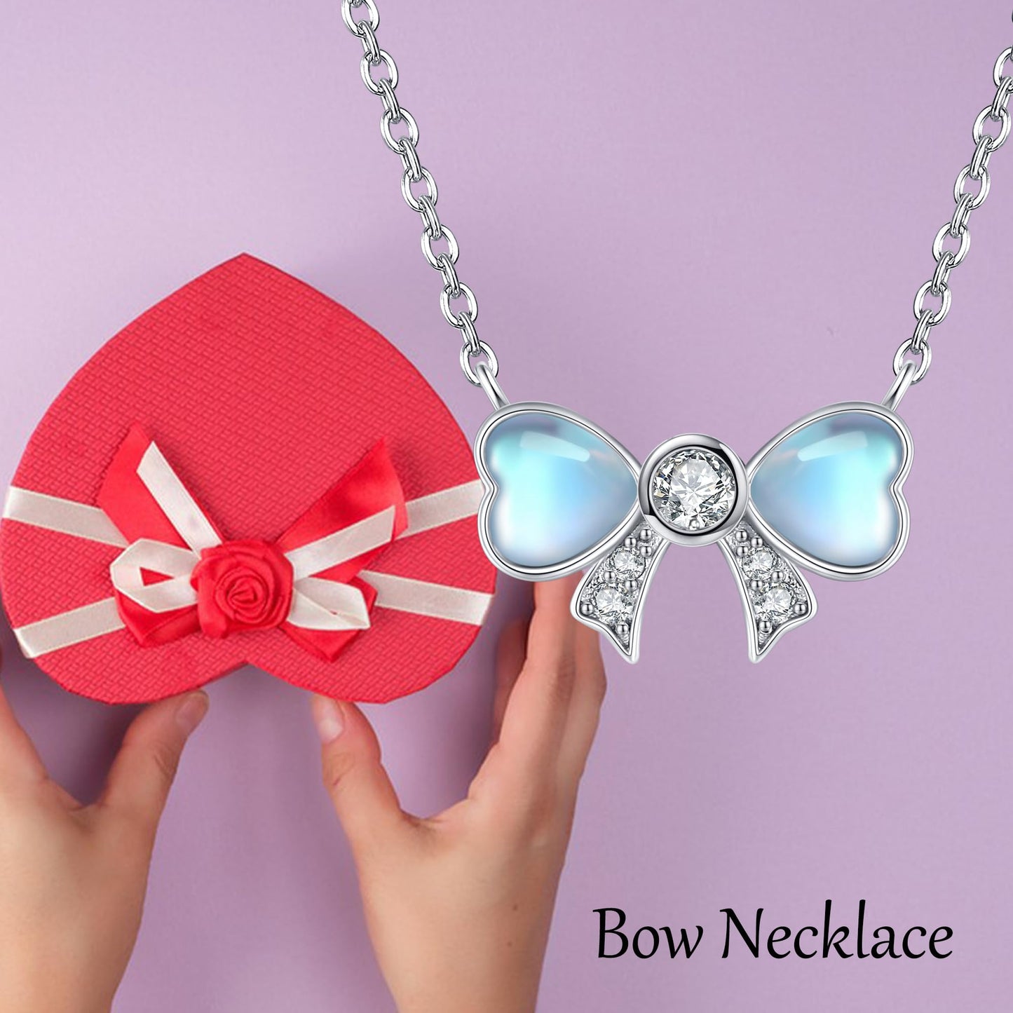 YAFEINI Bow Necklace 925 Sterling Silver Moonstone Bowknot Pendant Ribbon Mother's Day Jewelry for Women Mom