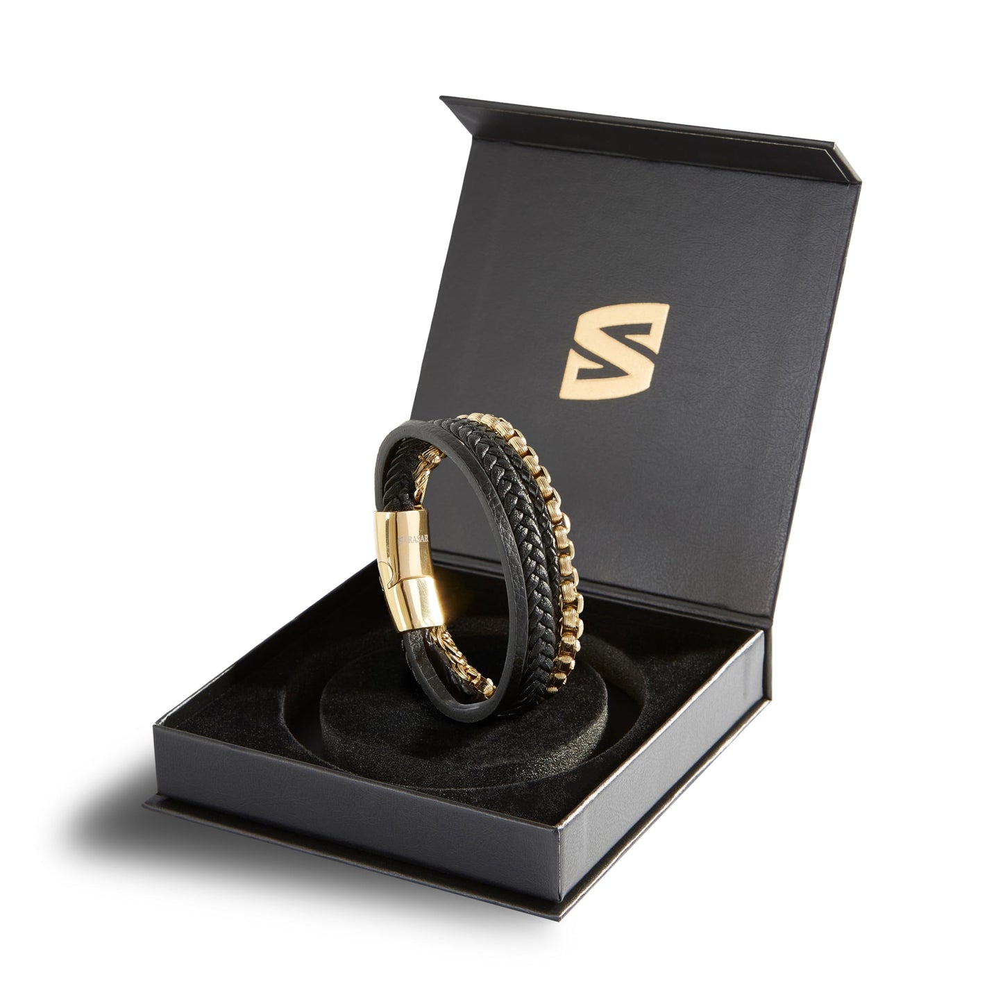 SERASAR Men's Bracelets 20cm Gold Gift Box Genuine Cowhide Leather Braided Adjustable Magnetic Clasp Multilayer Jewelry Rope Male Band Accessories