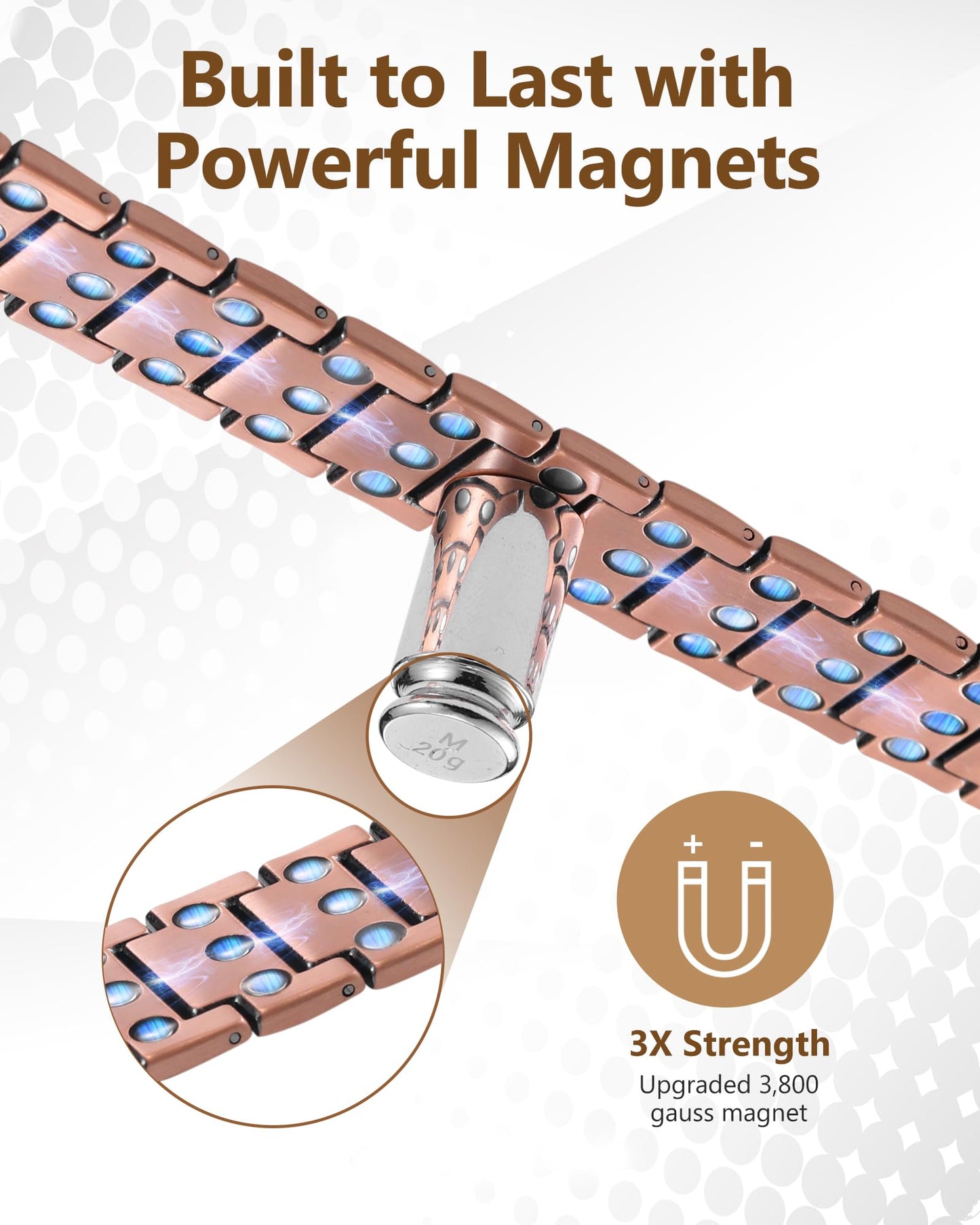 Feraco Copper Bracelet for Men 3X Strength,Magnetic Therapy Bracelet Copper Jewelry with 3800 Gauss Magnets,Cooper Bracelet for Man,Premium Fold-Over Clasp