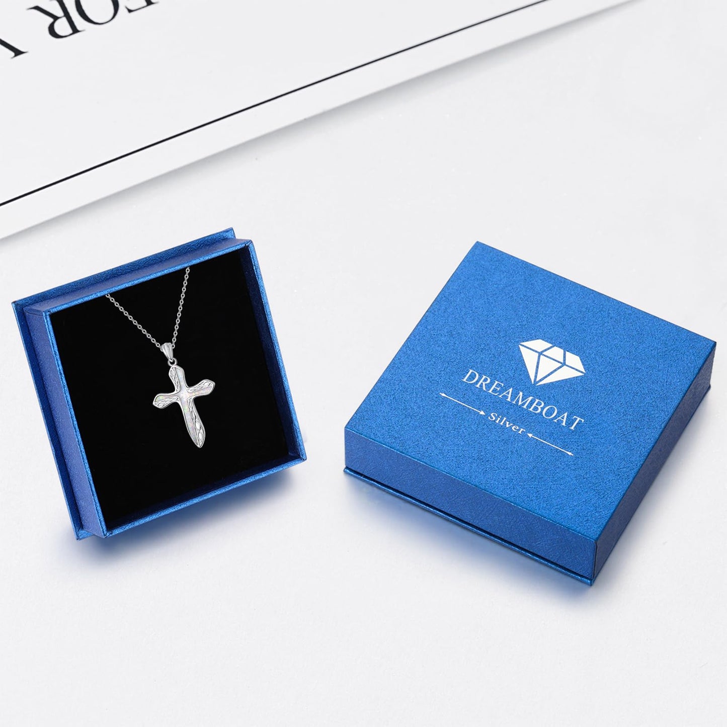 Dreamboat Sterling Silver Cross Necklace for Womens Cross Pendant Faith Christian Jewelry White Opal Celtic Necklace Confirmation Religious Gifts for Mom