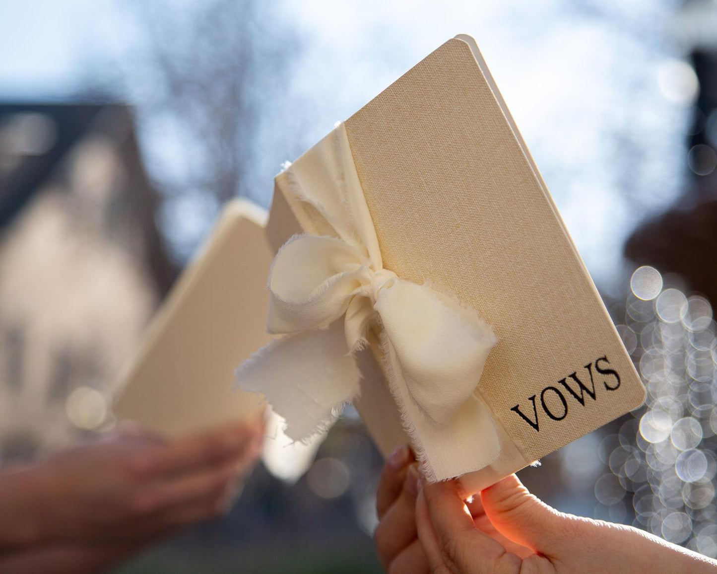 Modern Album Designs Cream Embossed Slim Vow Books w/Ribbon (Set of 2) - 5.625 x 4 Minimalist Pocket Sized Wedding Ceremony Vow Renewal Speech Notebook Journal