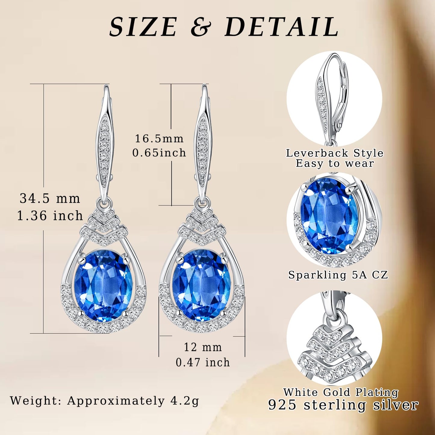 Blue Topaz Gifts for Women 18K Gold Plated December Birthstone Teardrop Dangle Earrings Sterling Silver Leverback Drop Formal Earrings for Evening Wear Birthday Gifts Sparkling CZ Earrings