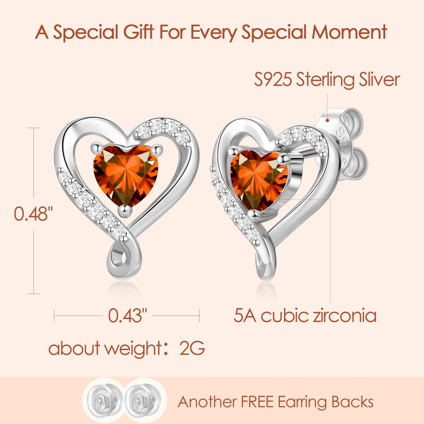 Zifeel Earrings for Women, 925 Sterling Silver Birthstone Heart Studs Earring for Girlfriend Wife, Anniversary Birthday Christmas Valentines Mother’s Day Gifts Jewelry for Women Wife Her Mom