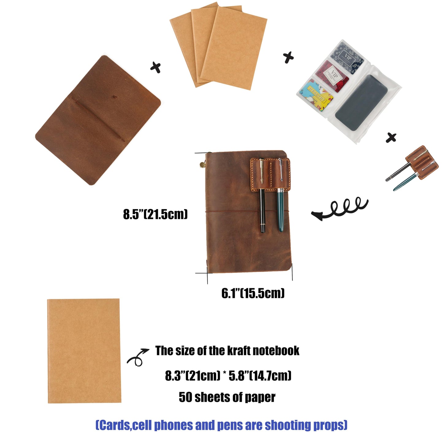 Handmade Leather Refillable A5 Travelers Notebook Cover, A5-8.3'' x 5.8''Leather Journal with 3 Inserts and Card Slots and Pen Holder