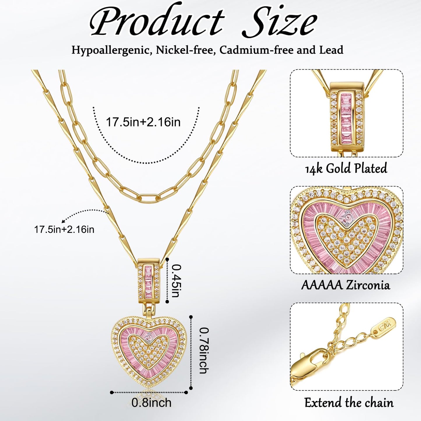 MEIITRUE Heart Necklaces for Women Trendy 14k Gold Plated Dainty Layered Necklace Set Cubic Zirconia Love Pendant Choker Thin Paperclip Chain Stackable Jewelry Gift Pink
