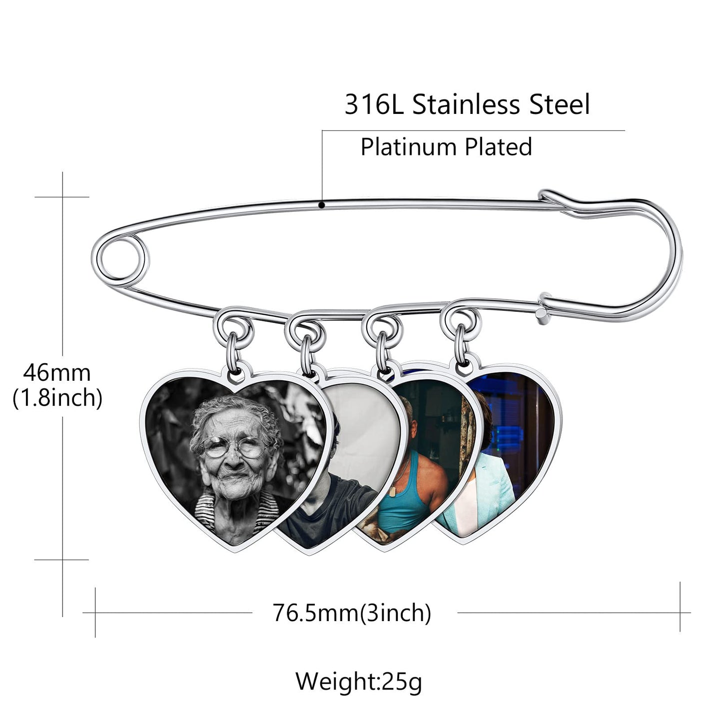 Custom4U Picture Lapel Pins Pack of 4 Memorial Wedding Heart Funeral Boutonniere Pin Kit with Photo Groomsmen Gifts Groom
