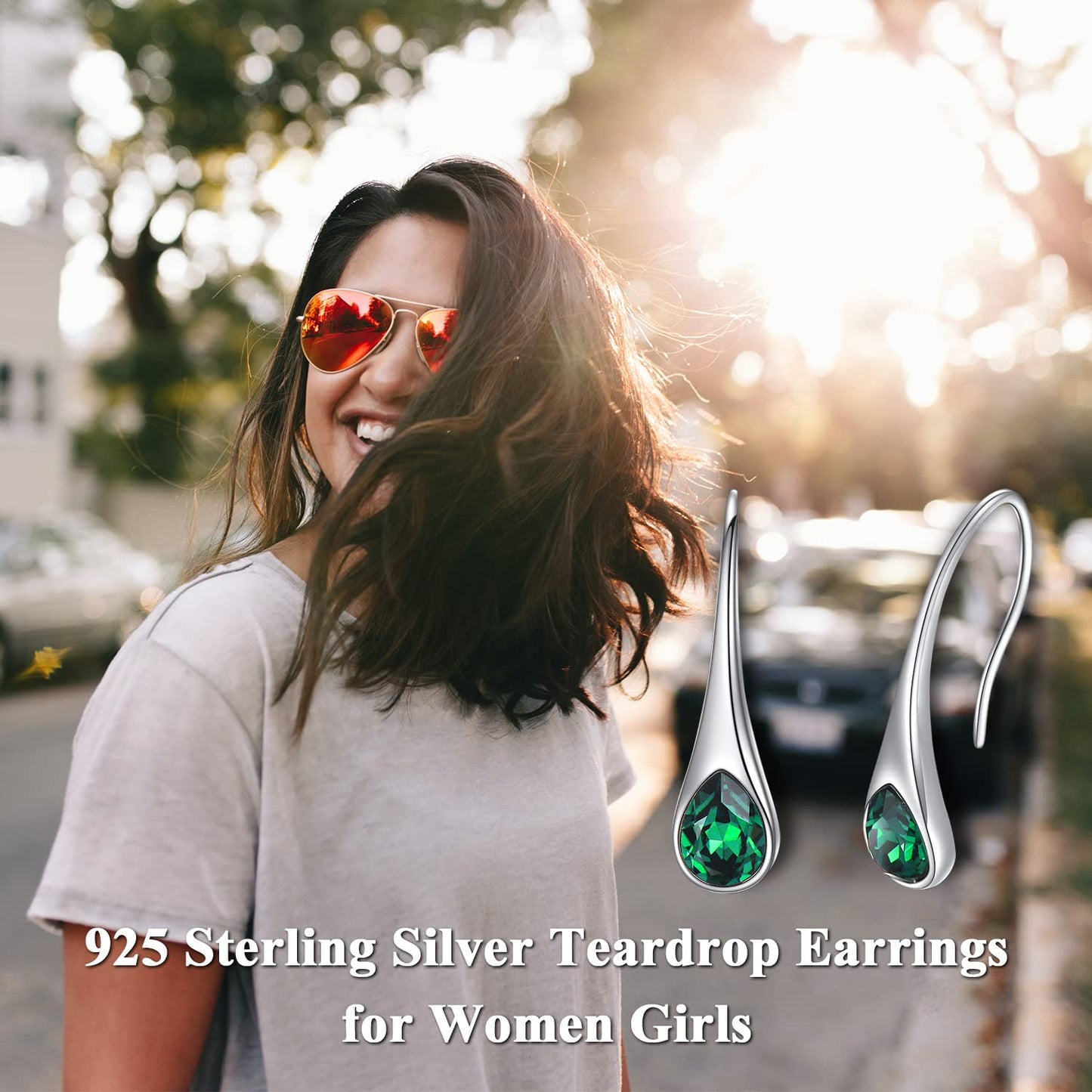 May Birthstone Emerald Earrings Sterling Silver Teardrop Dangle Drop Hook Earrings Women Pull Through Earrings Birthday Mother's Day Jewelry