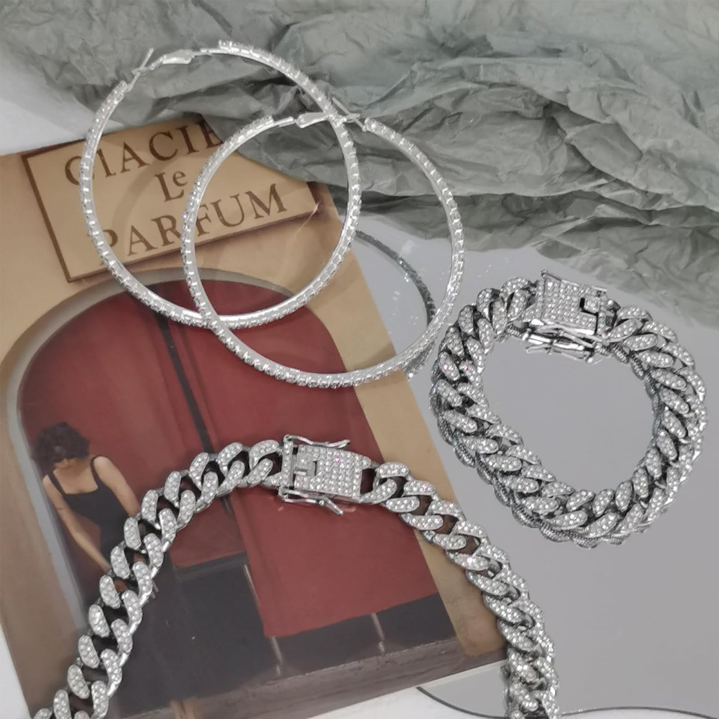 LULII Link Chain Necklace Bracelet Rhinestone Big Circle Hoop Earrings Set Bling Crystal Jewelry Set for Women