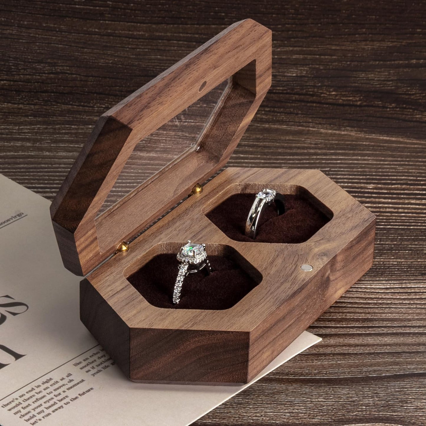 Wislist Double Ring Box for Wedding Ceremony,Walnut Wooden Rustic Ring case for Wedding and Engagement