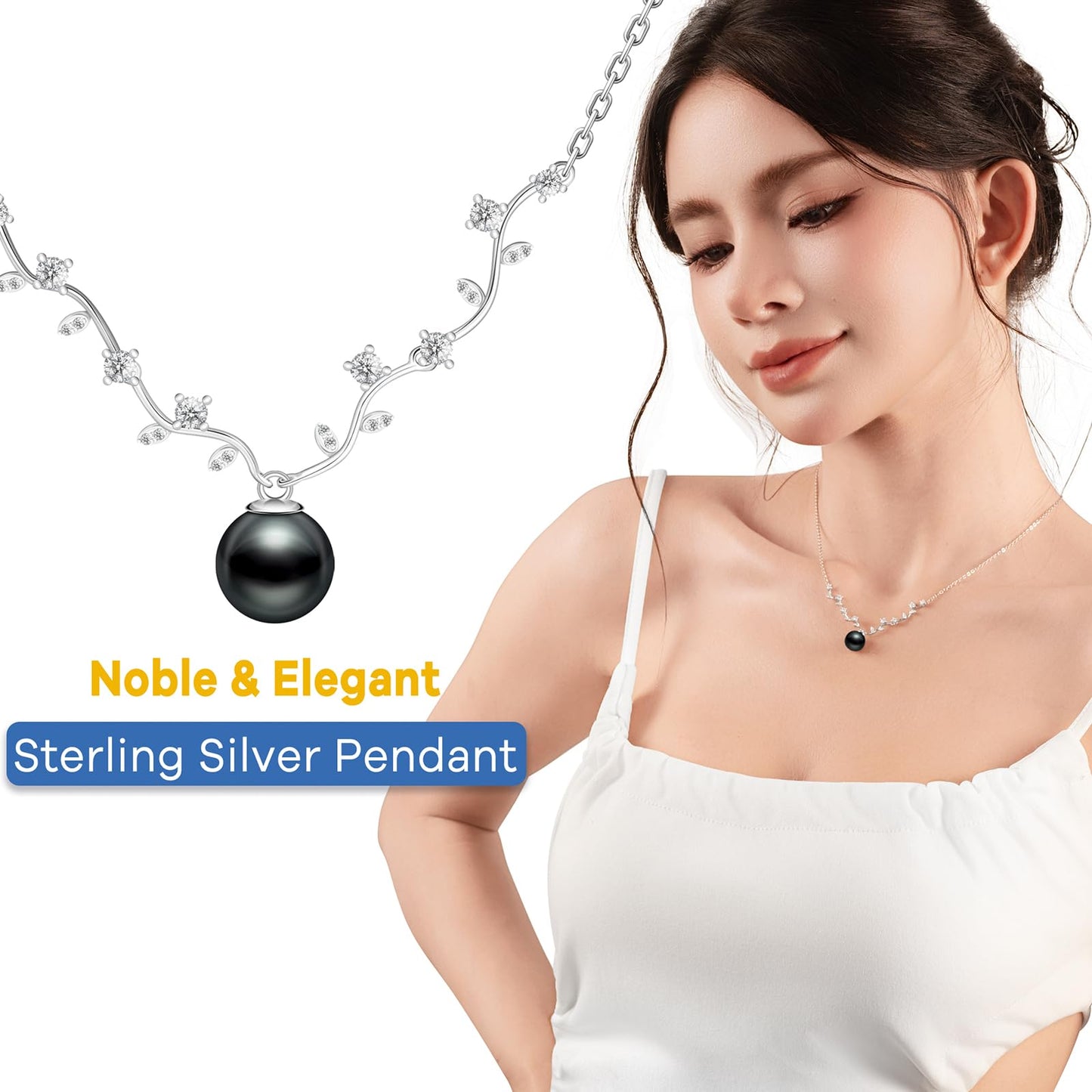 Gifts For Wife Wedding Anniversary Genuine Tahitian Black Pearl Necklace for Birthday Mothers Day Christmas, 9-10mm AAAAA Seawater Pearl Sterling Silver Moissanite Pendant