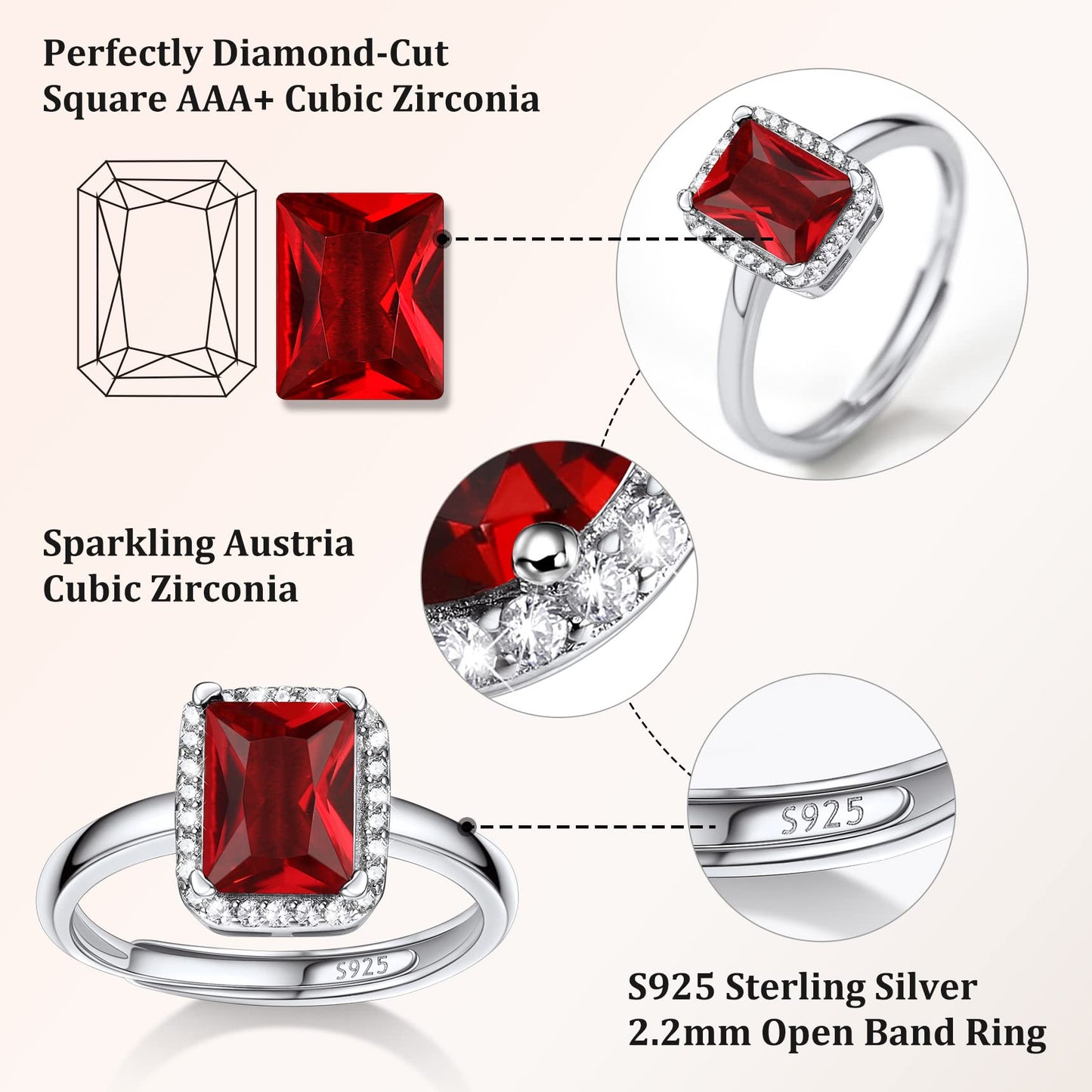 Bestyle 925 Sterling Silver Created Diamond Rings Square Crytsal Rings for Women, 8mm January Granet Birthstone Gemstone Rings Illuminated by 1mm White Cubic Zirconia