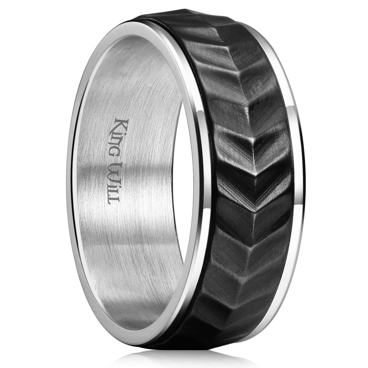 King Will Mens Black Silver 8mm Spinner Rings Tire Thread Stainless Steel Anxiety Fidget Ring for Men Tire Stripe Groove Spinner Ring 10