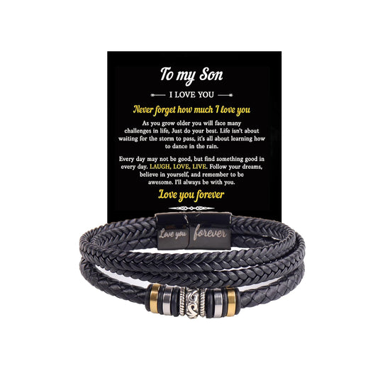 LIU JUN To My Son Grandson Bracelet From Mom Grandma, Infinity Knot Love You Forever Linked Together Handmade Leather Cuff Mens Birthday Weave Gift Jewelry (Love You Forever)