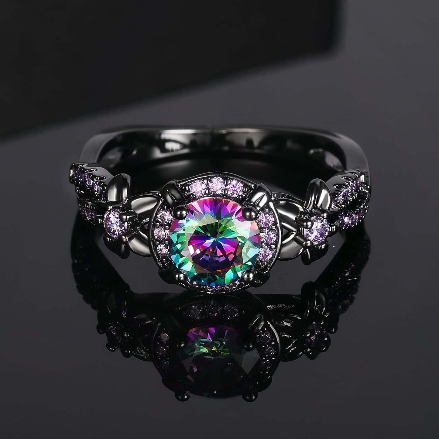 Women Eternity Rings18K Black Gold Plated Rainbow CZ Created Amethyst Gemstone Wedding Engagement Band for Bride Dainty Jewelry Gifts (8)
