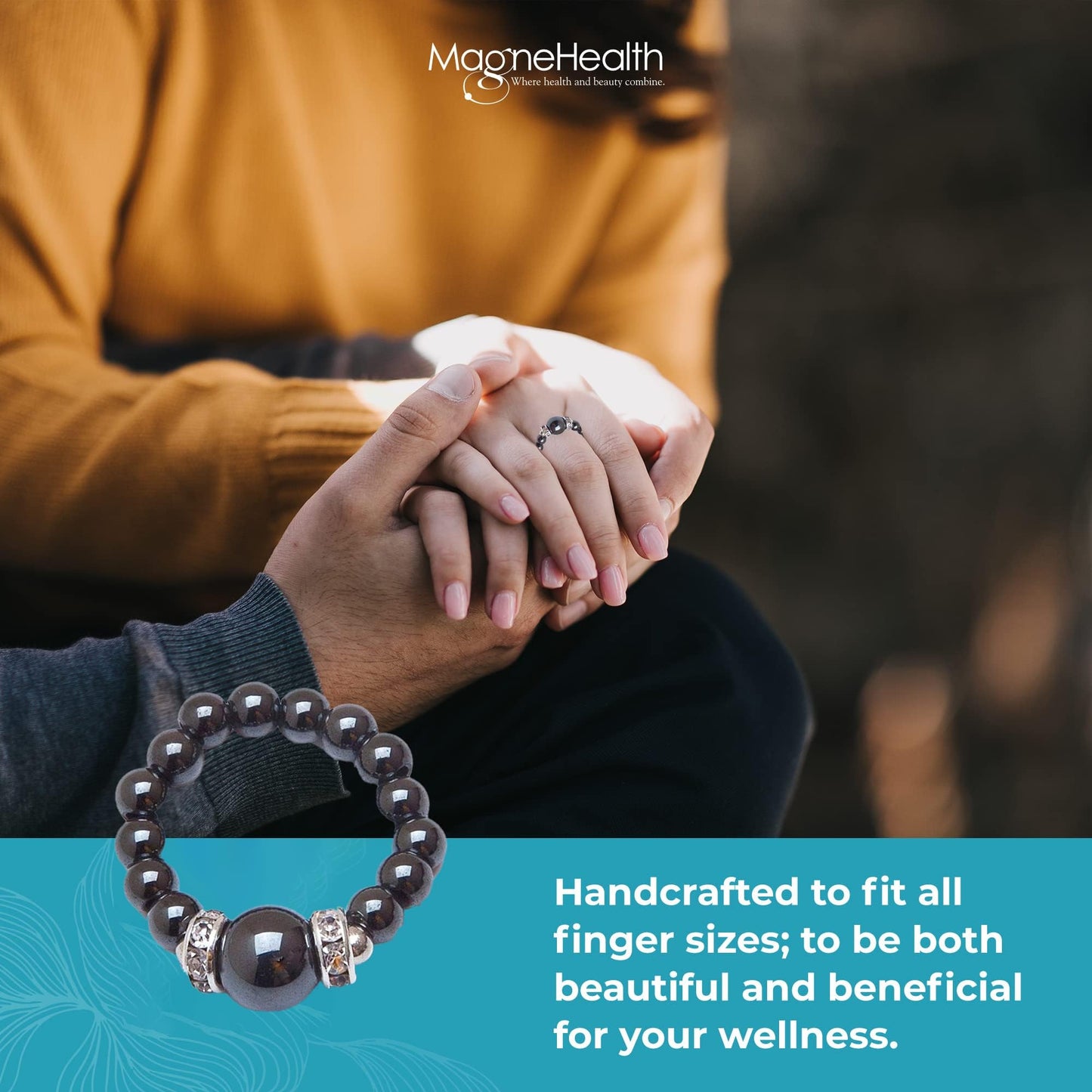 MAGNEHEALTH Black Magnetic Hematite Stretch Ring - Beaded Rings & Stretch Rings For Women, Finger Rings For Women, Aesthetic Rings & Magnet Rings For Acupressure Points - Small Ring Size, 6-7