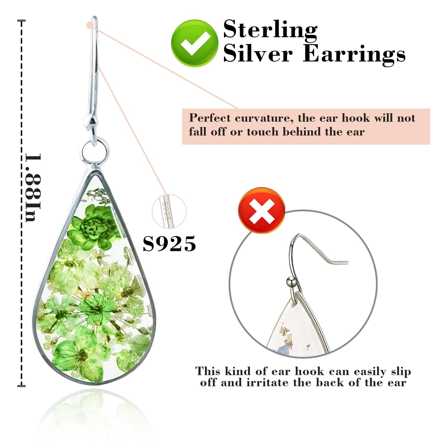 925 Sterling Silver Pressed Flower Teardrop Earrings,Hypoallergenic Women's Jewelry Gift for Mom and Wife,Handmade Natural Dried Flower Teardrop Earrings Jewelry Gift