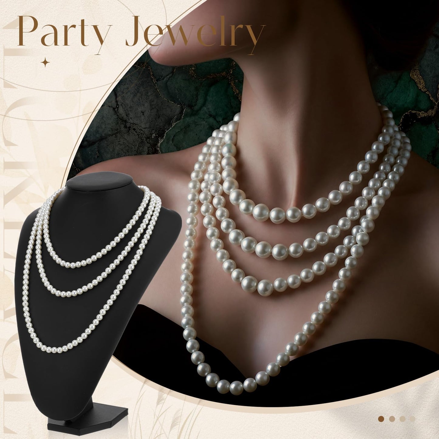 Aurelema 2 Pack Long Pearl Necklace for Women 1920s Costume Party Jewelry Faux Pearls Strand Beads for Ladies(70 Inches,8 mm,Glass,Cream White)