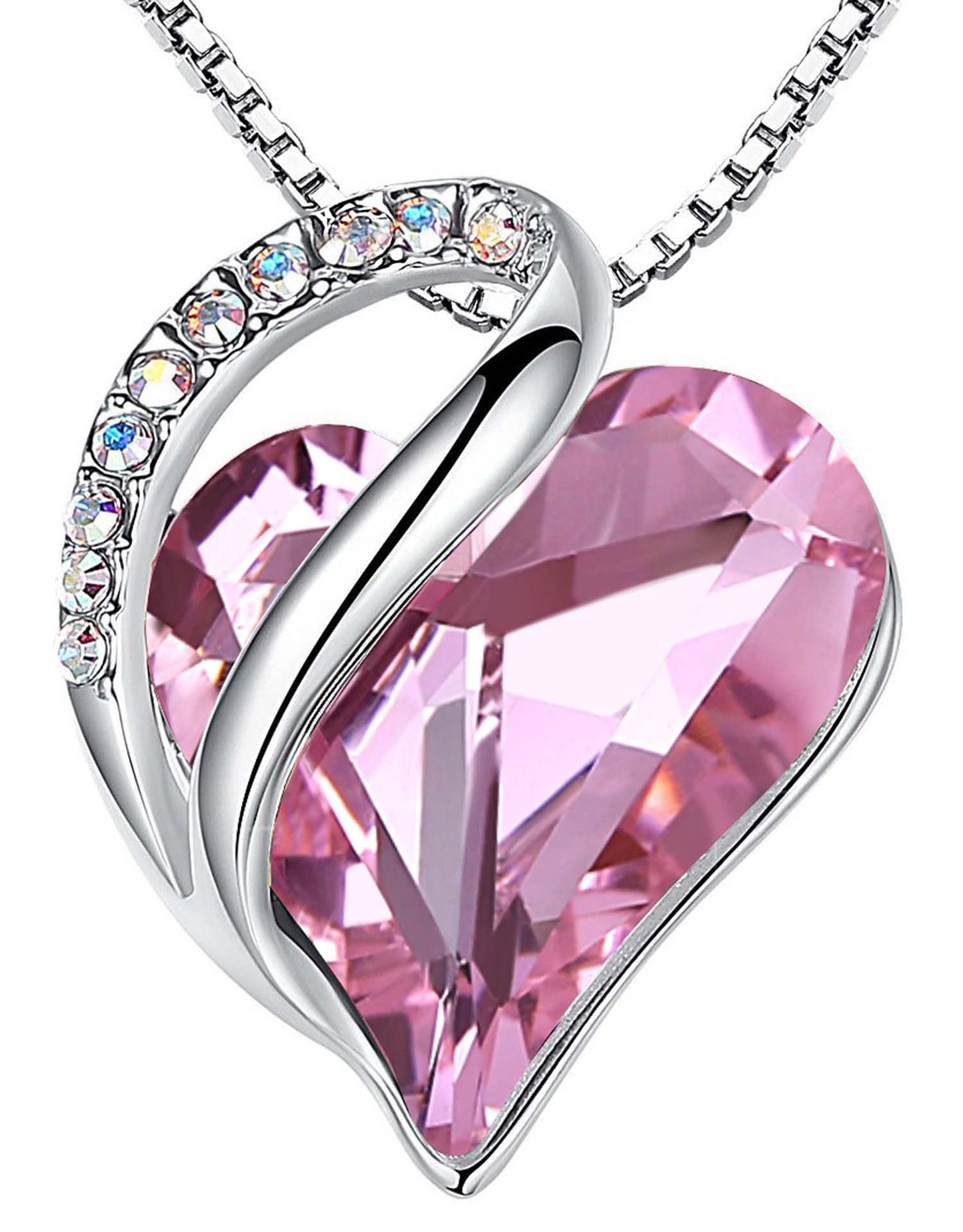 Leafael Gift Necklaces for Women, Infinity Love Birthstone Heart Pendant, Rose Quartz Pink Crystal for October, Birthday Jewelry for Her, Mom, and Wife, Silver Plated, 18" + 2" Chain