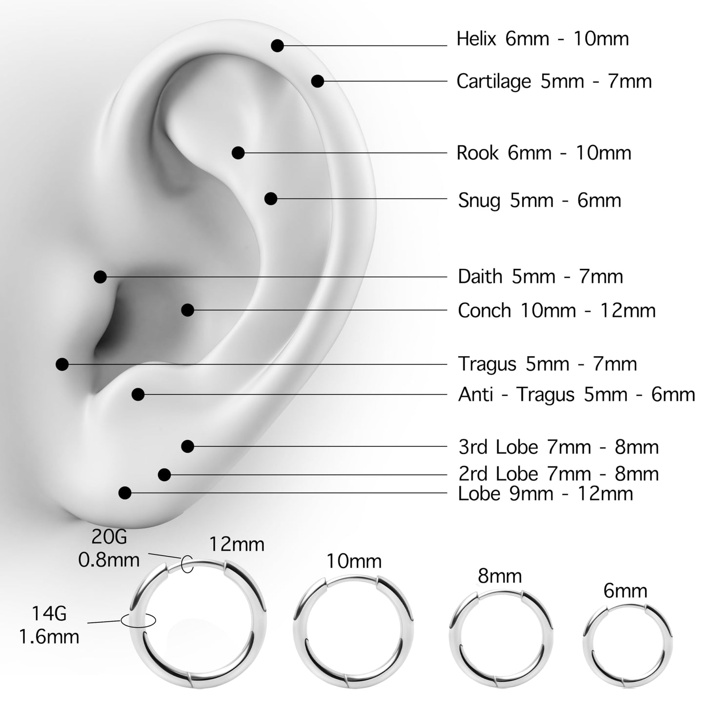 316L Surgical Stainless Steel Silver Hoop Earrings for Men Stack, Cartilage Helix Lobes Conch Hypoallergenic Titanium Earrings for Sensitive Ears Stainless Steel Jewelry Gifts for Women Men 6/8/10/12mm Earring Set for Multiple Piercing