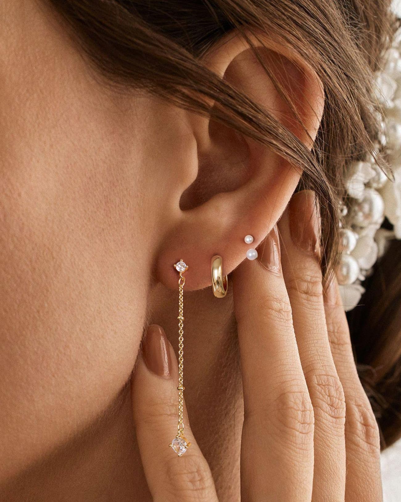 PRTGL Pearl Earrings - 14K Gold Plated Pearl Ear Jacket Polished Huggie Hoop Dangle Earrings Set for Women