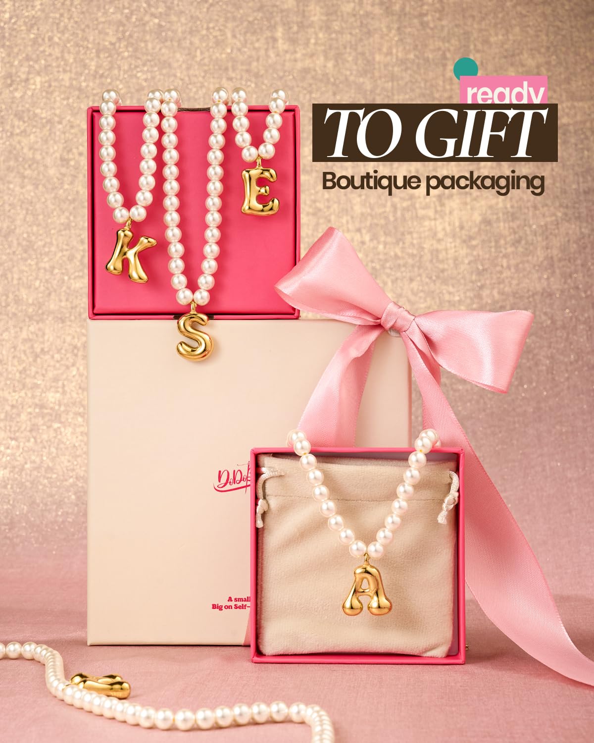 DoDoBeads Pearl Initial Necklace, 18K Gold Plated Stainless Steel Balloon Letter Pendant V, Non-Tarnish Waterproof Chunky Monogram Jewelry Gifts for Women Teens