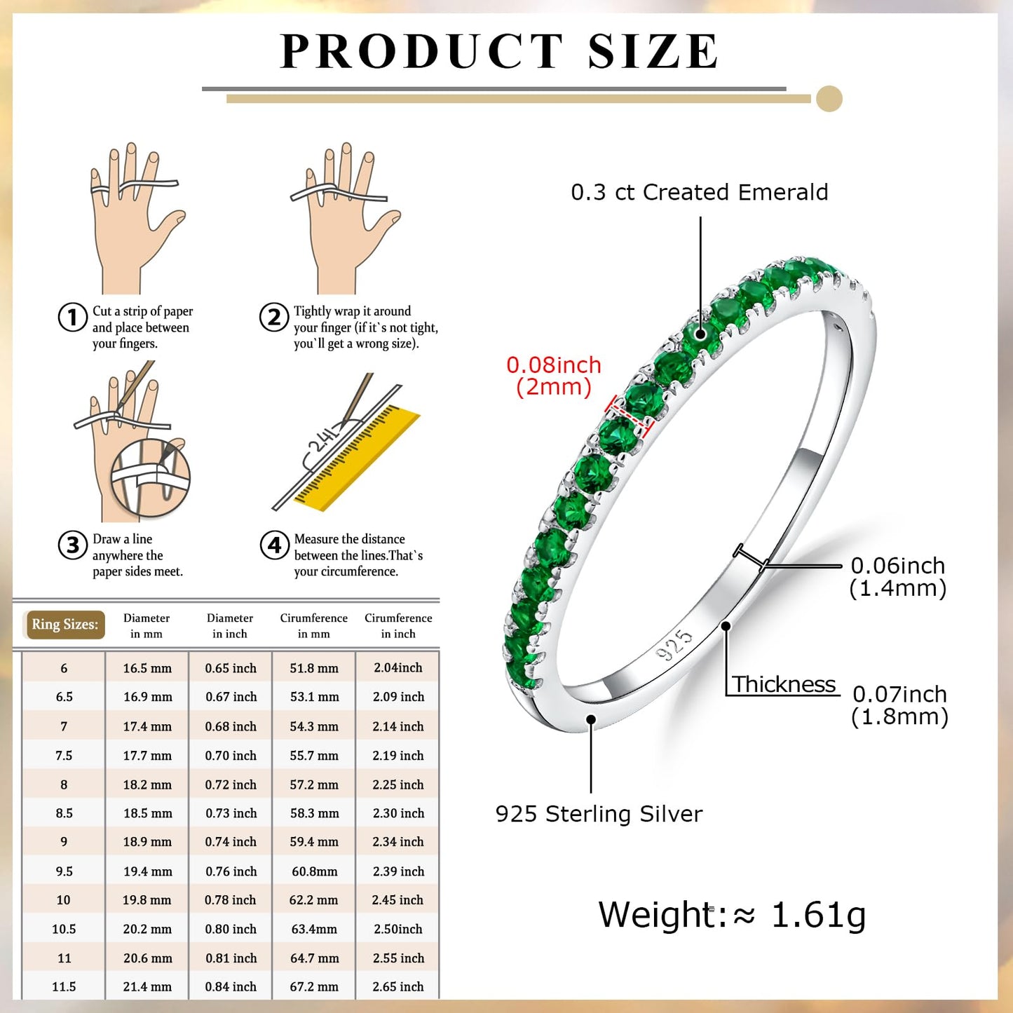 AGRULE Emerald Eternity Band Silver Wedding Rings Men Women Sterling Silver Created May Birthstone Rings 0.3 Carat Green Stone Stackable Cocktail Ring Size 10