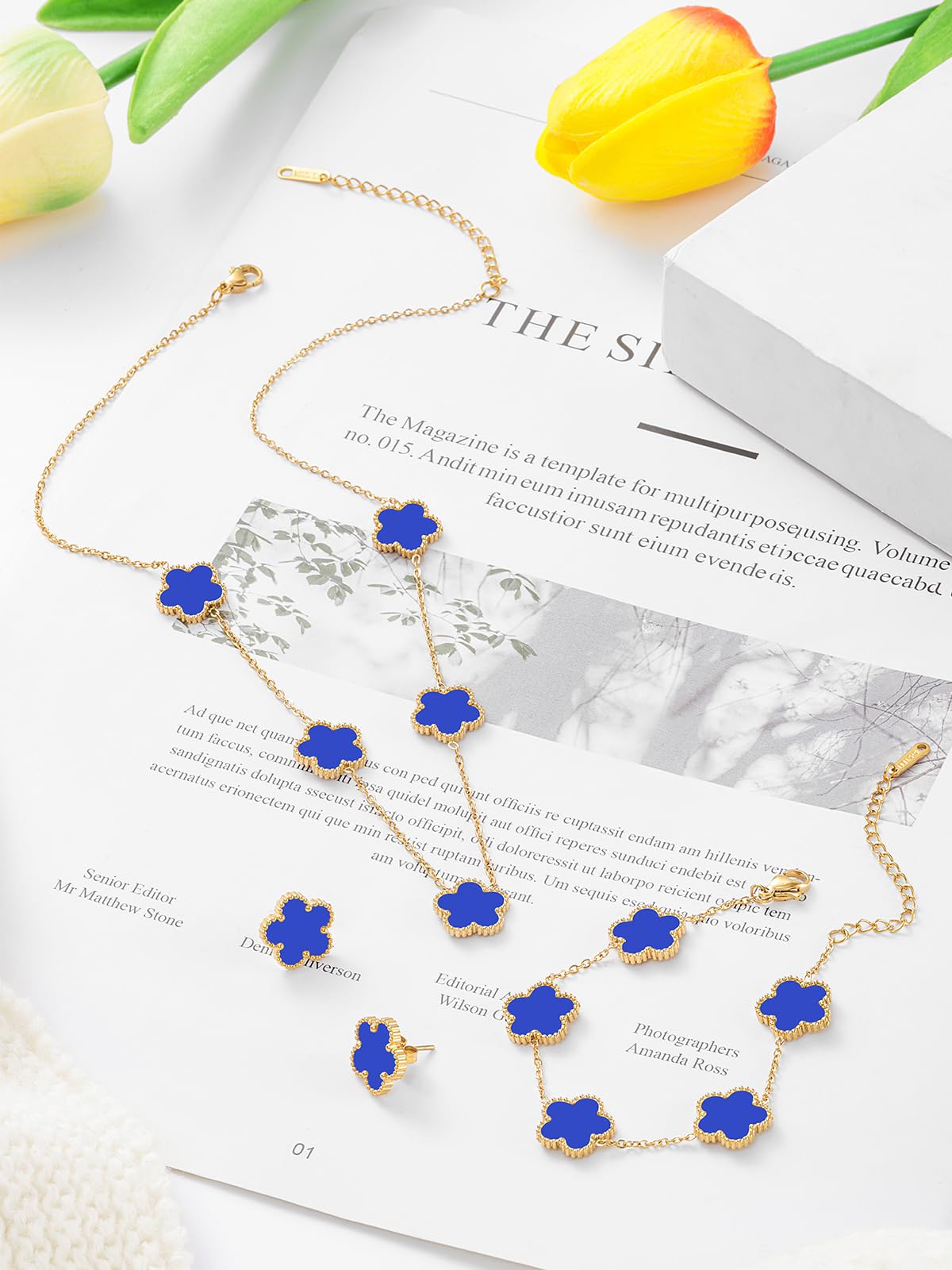 Qinpan Five Leaf Clover Necklace Bracelet and Stud Earrings Set for Women Lucky Flower Jewelry (Royal Blue-14K Gold Plated)