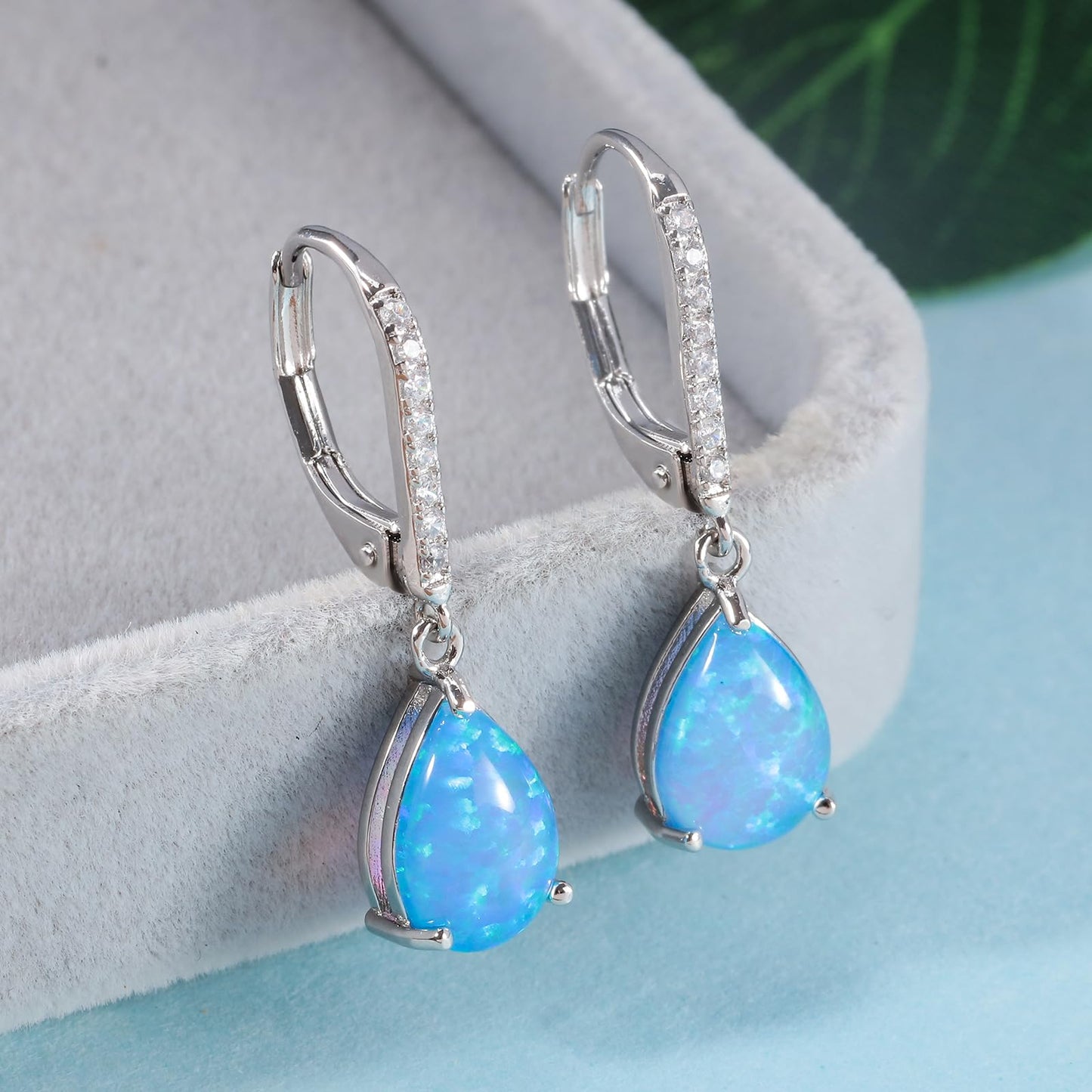Leverback Blue Opal Dangle Earrings 14k White Gold Plated Drop Earrings for Women Teardrop Earrings Elegant Jewelry Gifts for Christmas Birthday Party