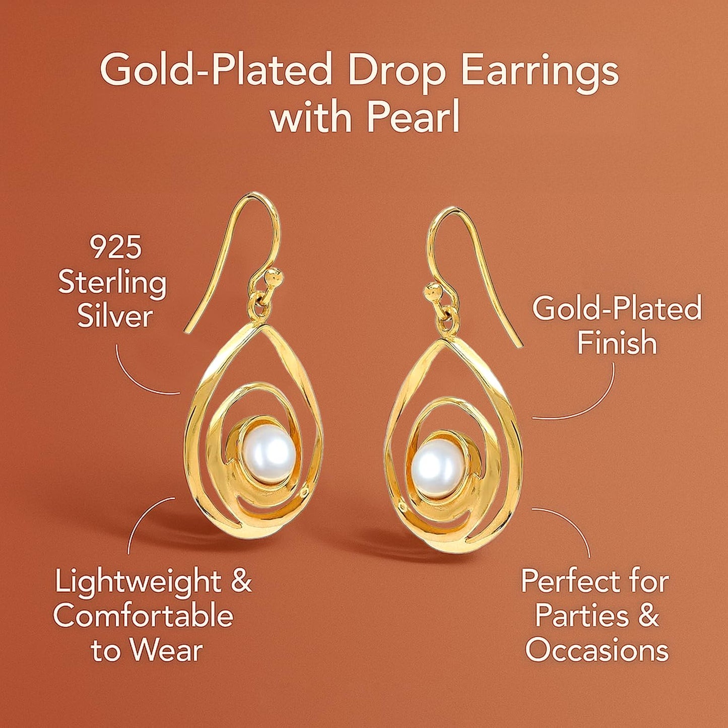LeCalla 925 Sterling Silver Pearl Earrings for Women | 14K Gold-Plated Freshwater pearl Swirl Drop Earrings | Wire Wrap Pearl-Studded Dangle Earrings 25MM