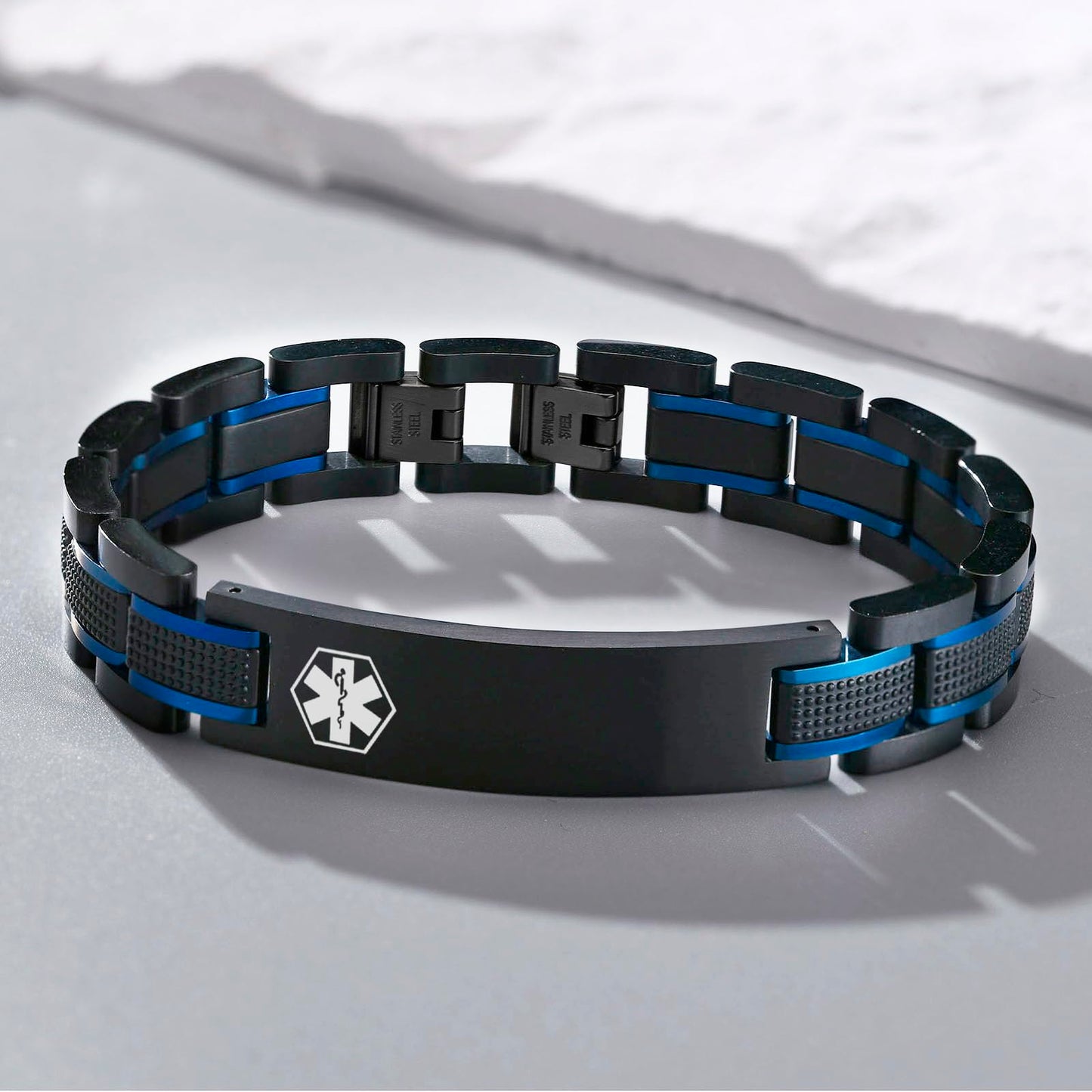 Medical ID Bracelet for Men : Free Engraving Stainless Steel Masculine Elaborate Medical Alert Wristband Personalized Medic ID Bracelet Jewelry 2-Tone Black Blue