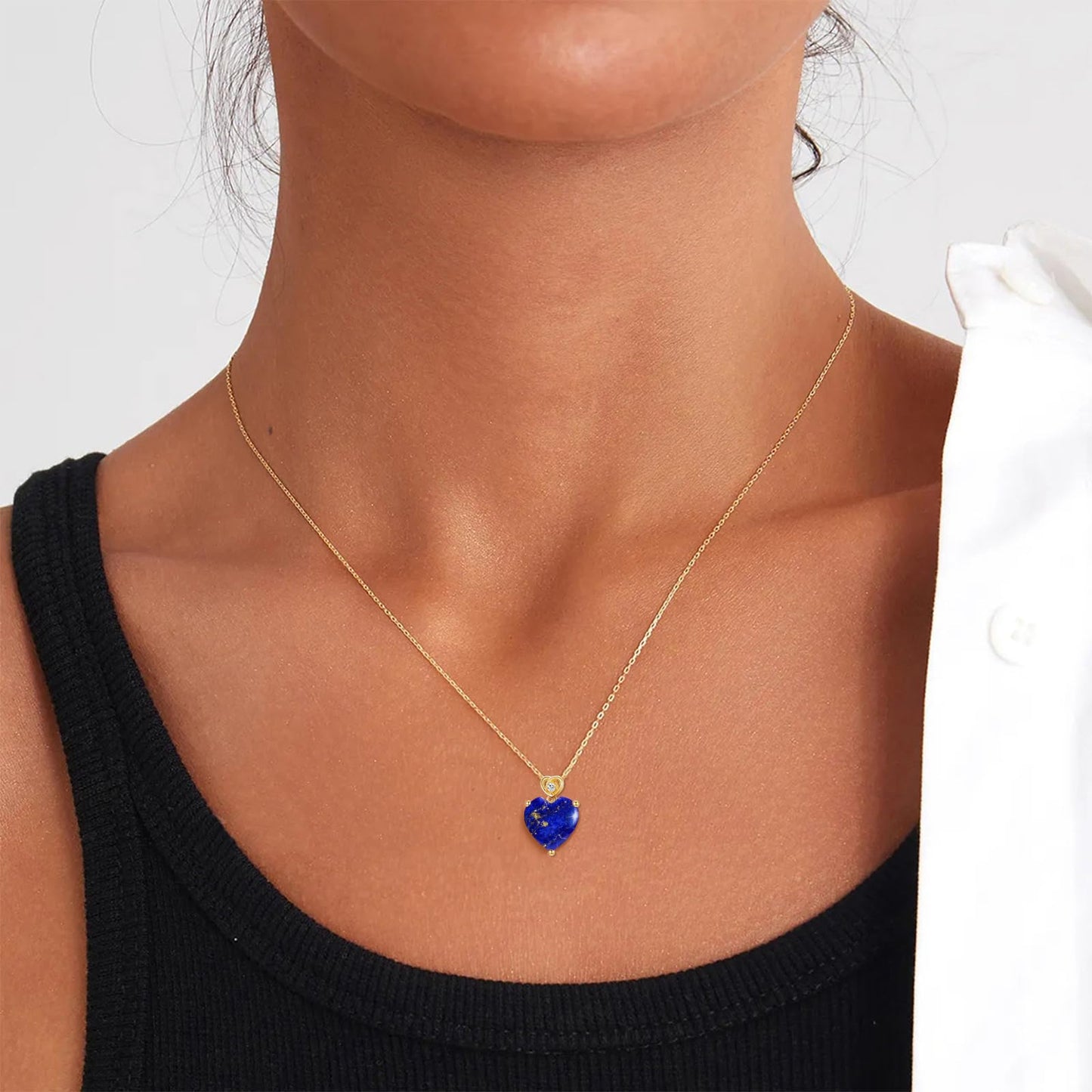 NFYBD 14k Gold Love Heart Lapis lazuli Birthstone Pendant Necklace for Women 3 Carat Heart-cut Created Gemstone Anniversary Birthday Mother's Day Necklaces for Her