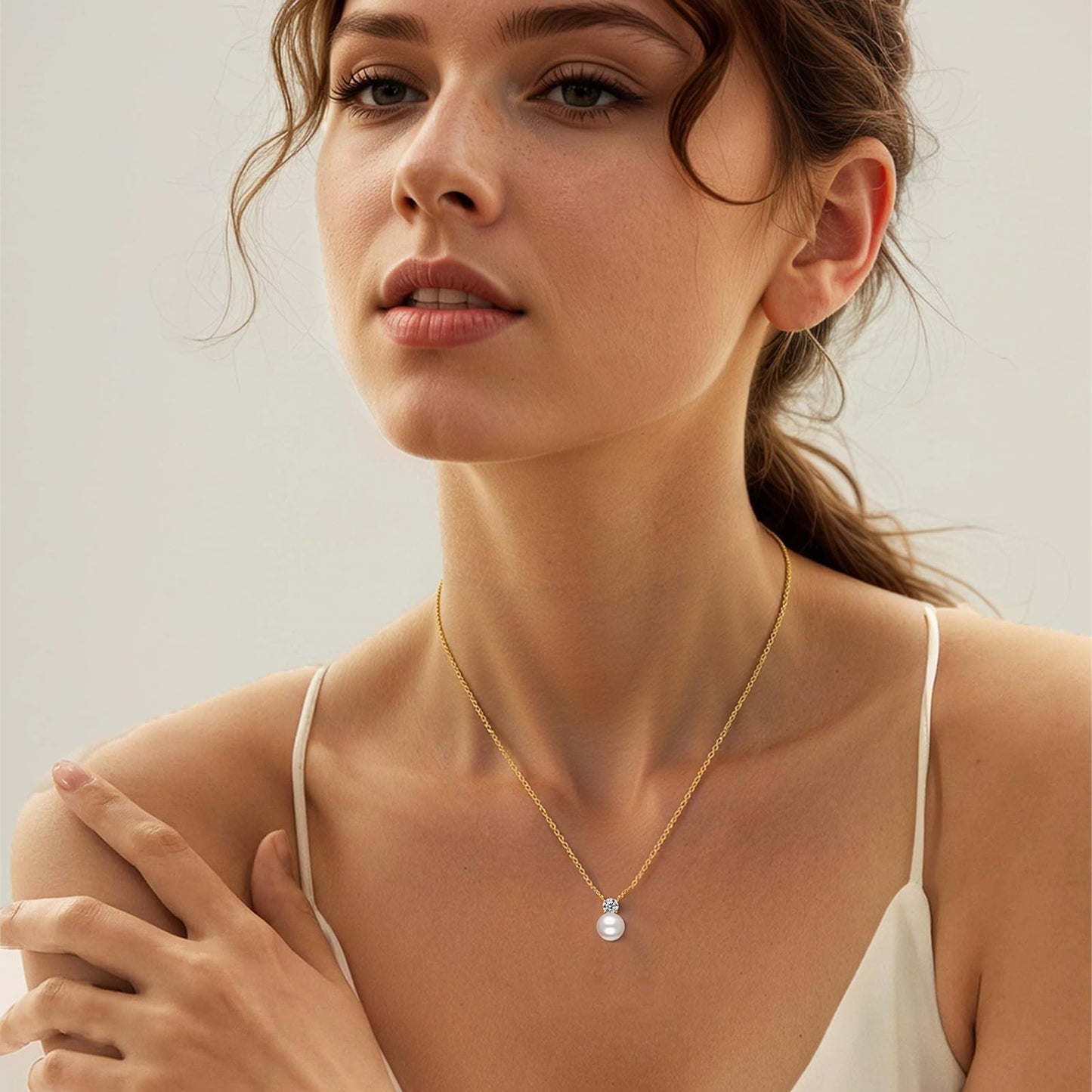 SUNFEEL 925 Sterling Silver Pearl Necklaces for women 14K Gold Plated 5A CZ 10MM Single Pearl Pendant Necklace Gifts for Her Mom Wife Girlfriend Engagement Wedding Birdal Christmas Trendy Jewelry