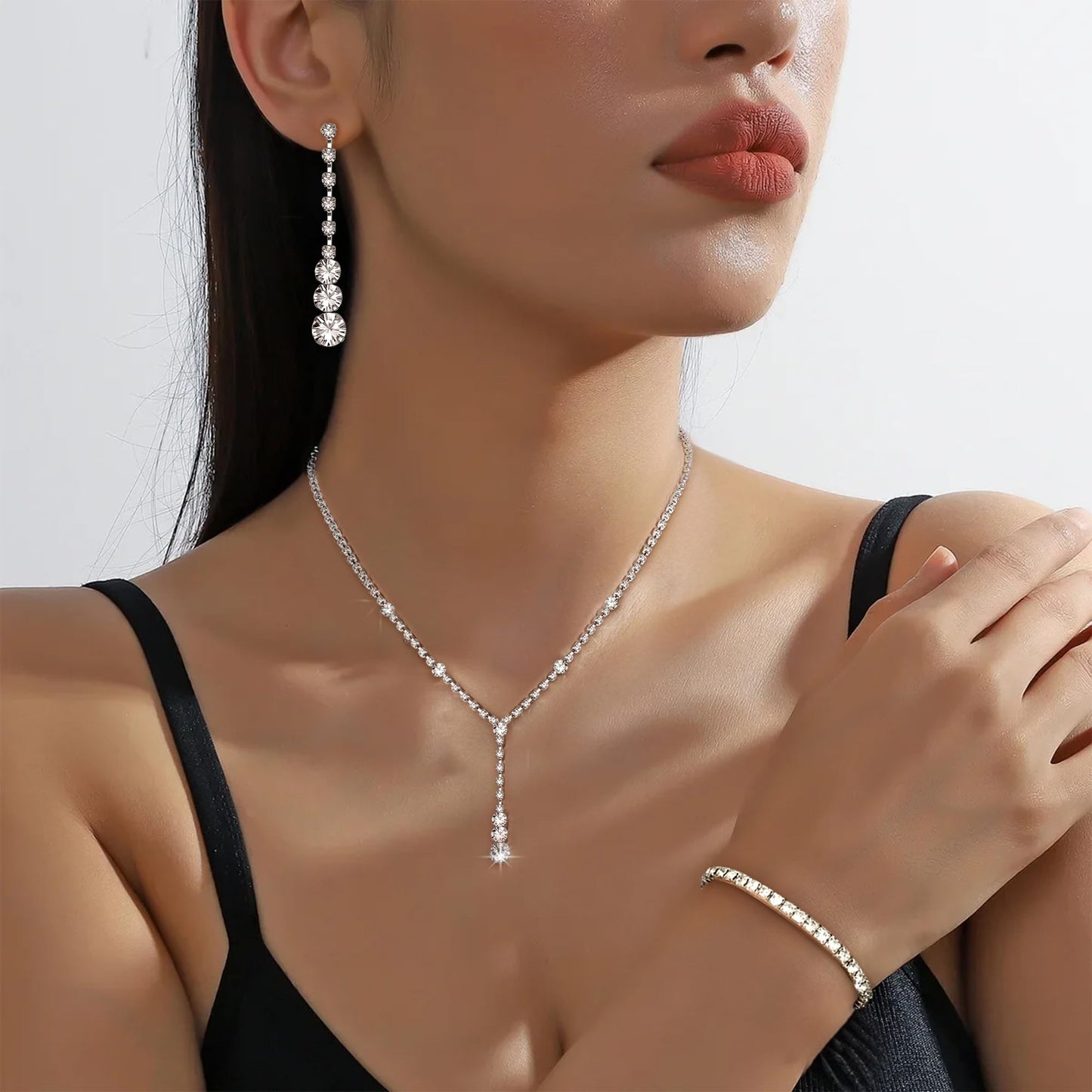 Jstyle 3 Pcs Silver Jewelry Set for Women Wedding Bridal Necklace Earrings Bracelet with Crystal CZ Hypoallergenic Prom Jewelry Set for Bride Bridesmaid Party Birthday Accessories Style 4