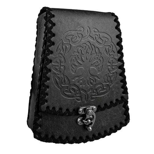 HiiFeuer Nordic Embossed Faux Leather Belt Bag, Medieval Retro Waist Bag, Vintage Portable Buckle Belt Pouch for Ren Faire (Black B)