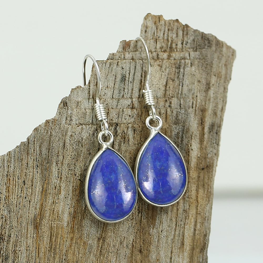 Natural Lapis Lazuli Sterling Silver Plated Dangle Earrings for Women - Violet Stone Teardrop Shape September Birthstone Handmade Drop Earrings Jewelry - Gifts for Her