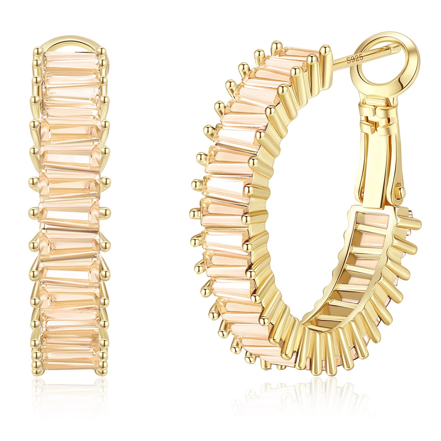 GLOQUAT Crystal Champagne Hoop Earrings 14K Gold Plated Hoops for Women 925 Sterling Silver Post Vintage Baguette Cubic Zirconia Earrings Trendy Gold Round Circle Yellow Hoops for Women Jewelry 25mm
