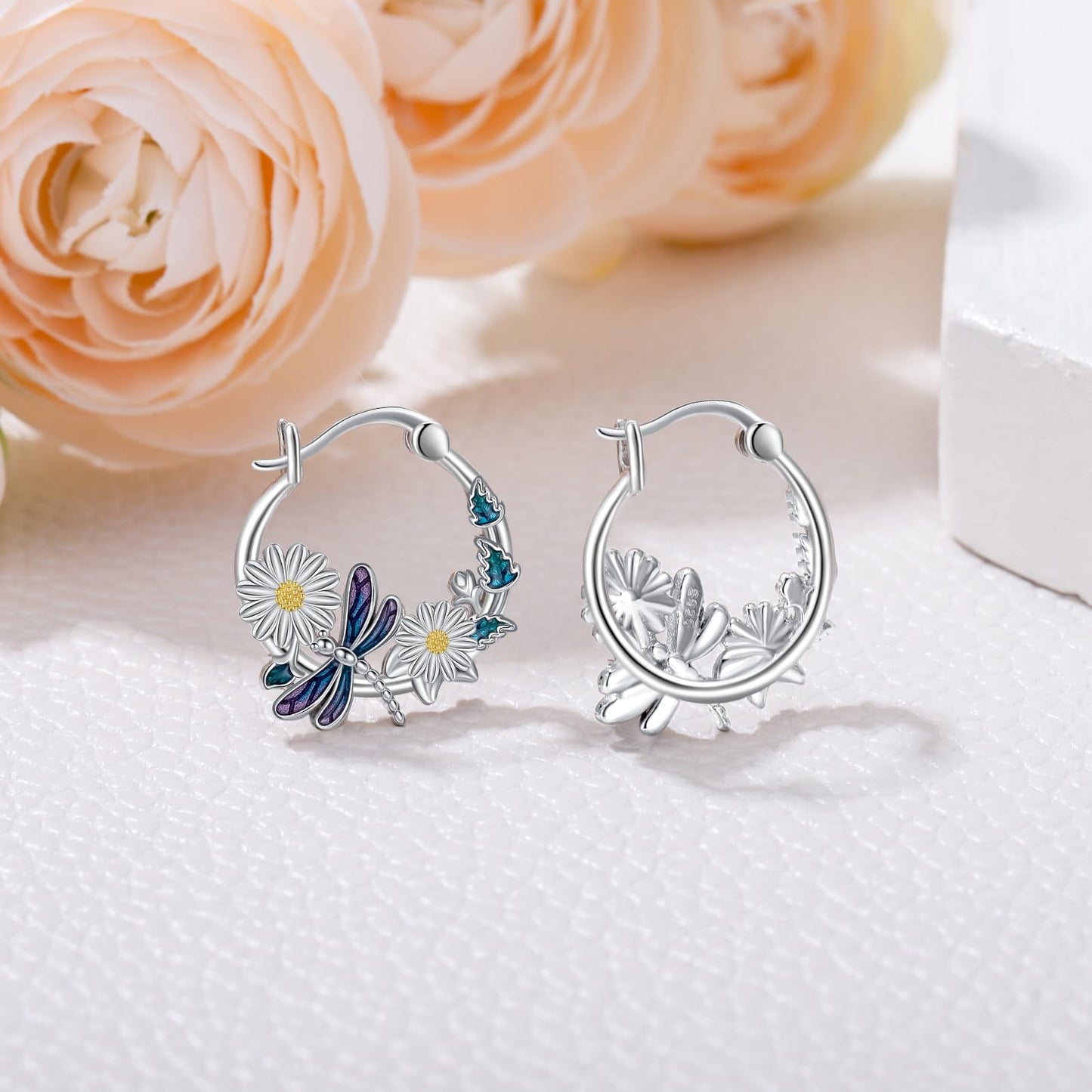 JUSTKIDSTOY Dragonfly Earrings 925 Sterling Silver Daisy Flower Hoop Earrings Jewelry Dragonfly Graduation Gifts for Women Daughter Her