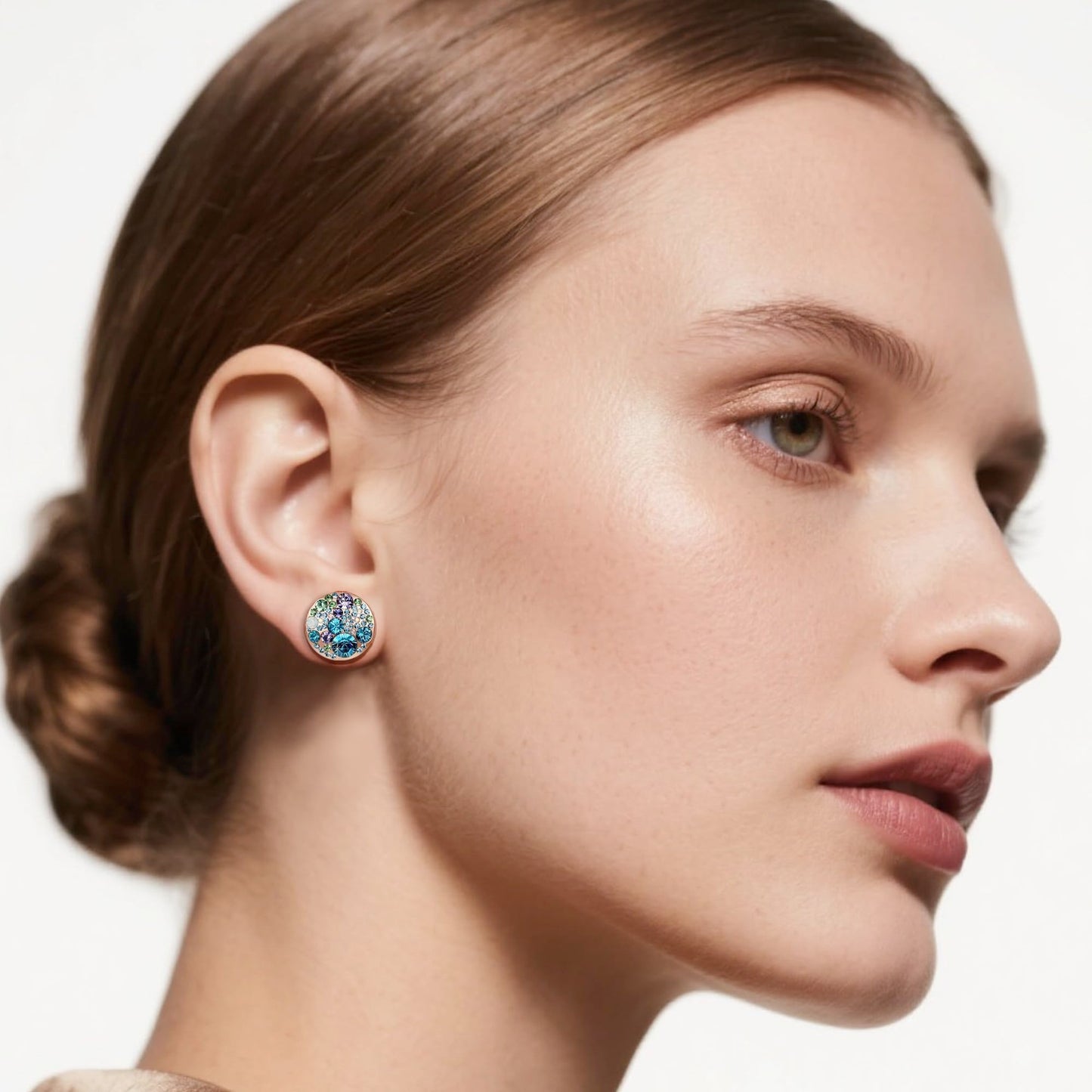 Multicolored Austrian Crystal Rhinestone Stud Earrings for Women Fashion S925 Sterling Silver Hypoallergenic Jewelry (Blue Green Crystals/Rose Gold-tone)