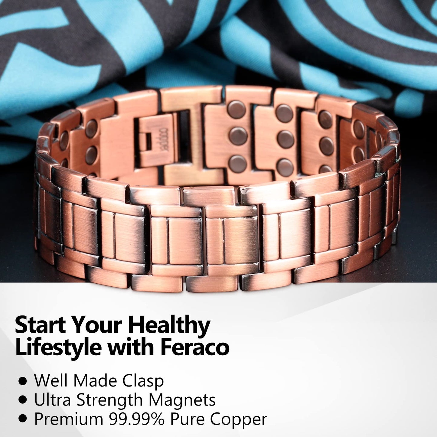 Feraco Copper Bracelets for Men & Copper Ring-Pure Copper Magnetic Bracelet with 57 Ultra Powerful 3500 Gauss Neodymium Magnets,Adjustable Wrist Bracelet,Gifts for Men (Copper with Ring)