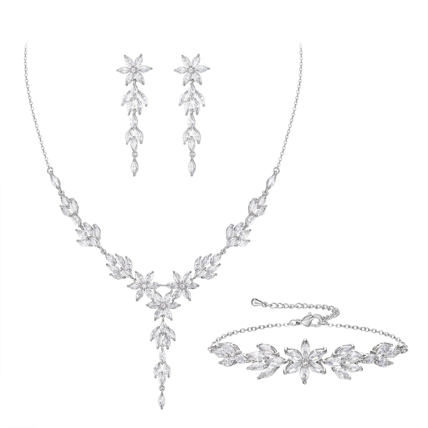 EVER FAITH Wedding Party Jewelry Set for Bride Bridesmaid, Flower Leaf Marquise Cubic Zirconia Necklace Dangle Earrings Bracelet Setsfor Women