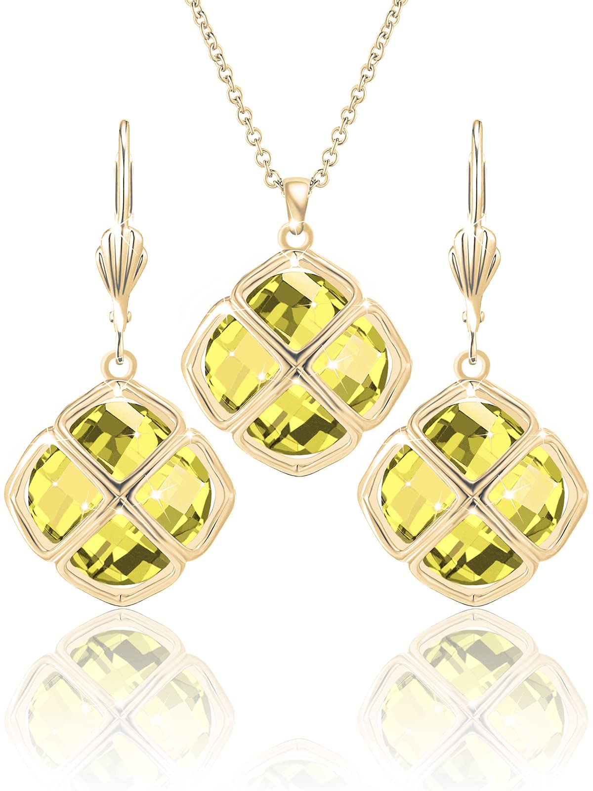 Qinpan 14MM Crystal Pendant Dangle Necklace Earrings Sets for Women Glod Plated Costume Jewelry, 38*17.8mm, Yellow Gold, Citrine