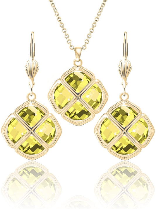 Qinpan 14MM Crystal Pendant Dangle Necklace Earrings Sets for Women Glod Plated Costume Jewelry, 38*17.8mm, Yellow Gold, Citrine