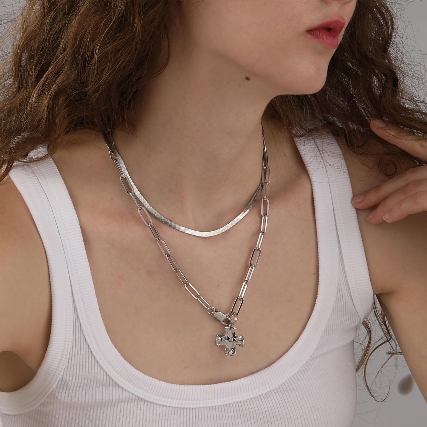 Bheop Chunky Cross Necklace for Women Trendy Silver Layered Statement Cross Pendant Charm Necklace Vintage Paperclip Herringbone Snake Choker Chain Costume Jewelry Set Gift Non Tarnish