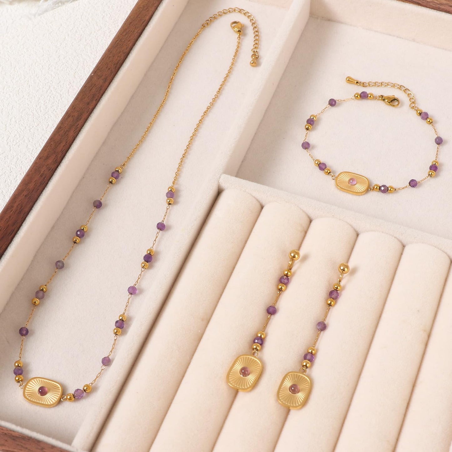 TaYolnFaSo Natural Amethyst Jewelry Set for Women 18K Gold Plated Sun Disk Amethyst Necklace Earrings Bracelet Set Gift for Sisters