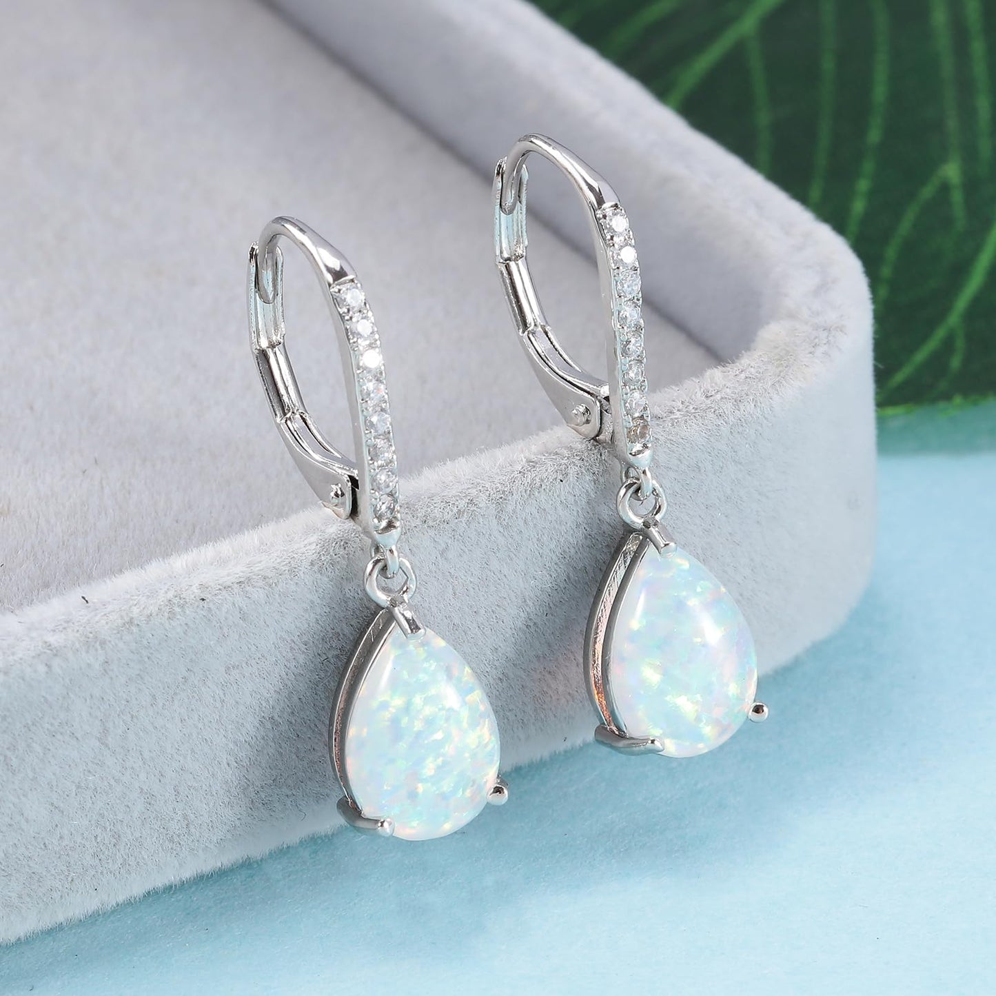 Leverback White Opal Dangle Earrings 14k White Gold Plated Drop Earrings for Women Teardrop Earrings Elegant Jewelry Gifts for Mothers Day Birthday Party